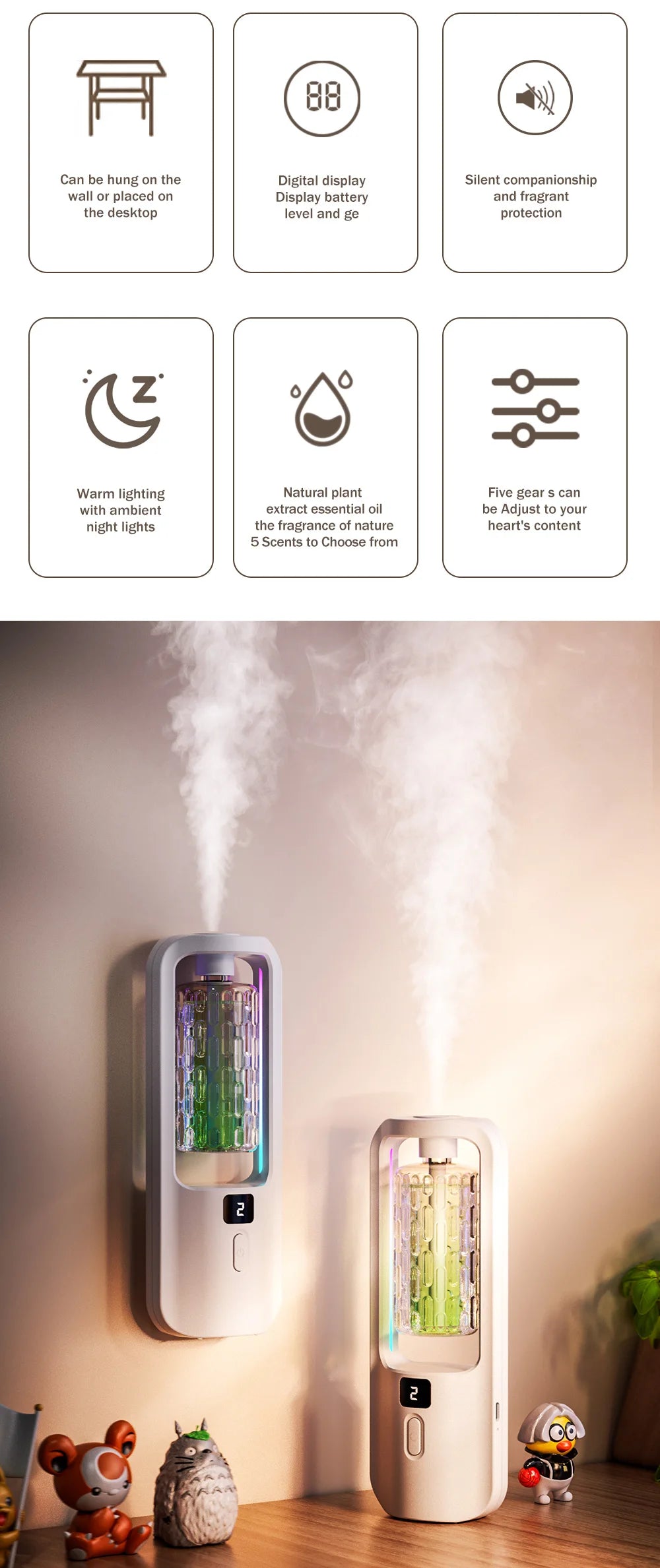 LOY Automatic Aromatherapy Diffuser emitting gentle mist, designed for consistent home fragrance and relaxing ambiance.