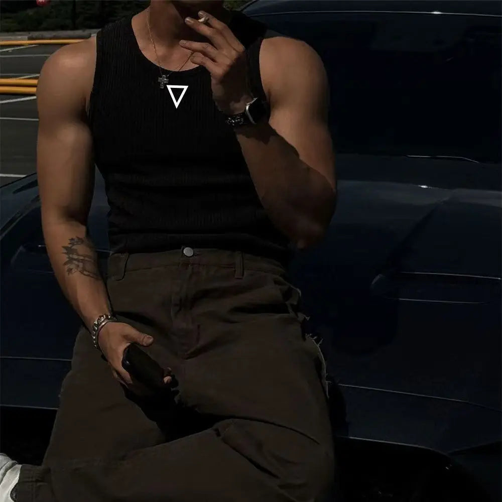 American Gym Men's Vest Thick Thread Slim Tank Top Sports Training Striped Vest Base Sleeveless T-shirt Casual Fitness Wearing