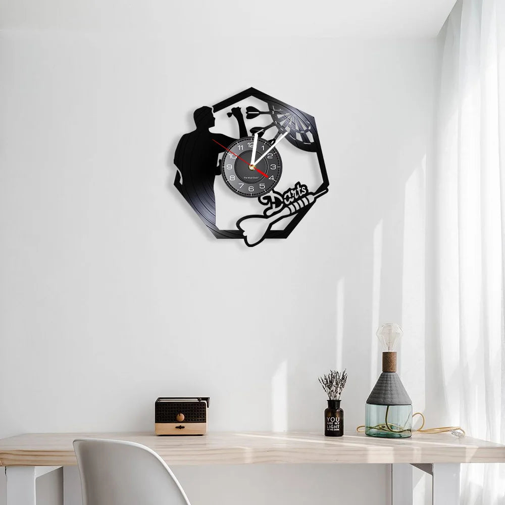 Darts Wall Art Man Cave Game Room Decoration Modern Wall Clock Dart Board Pub Bar Darts Game Night Club Vinyl Record Wall Clock