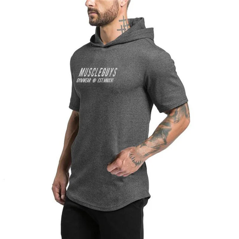 Mens Fitness Muscle Clothing Short Sleeve Sport T-shirts Summer Breathable Cotton Hoodie Gym Bodybuilding Slim Fit Hooded Shirts