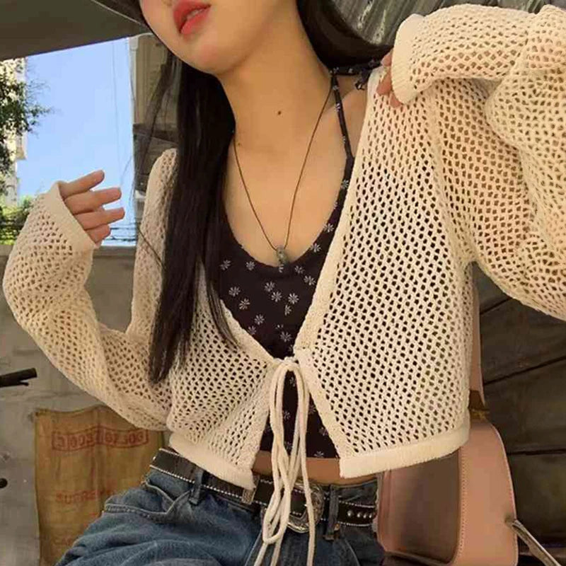 Bow Tie Front Crop Top Long Sleeve Sheer Open Knit Cardigan Blouses Cover Up Summer Spring Women Teen-girl Y2K 90s Outfit