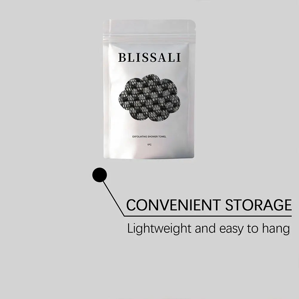 LOY Home Decor & Clothing Wear exfoliating bath shower towel for deep cleansing skin care, shown hanging on a bathroom hook