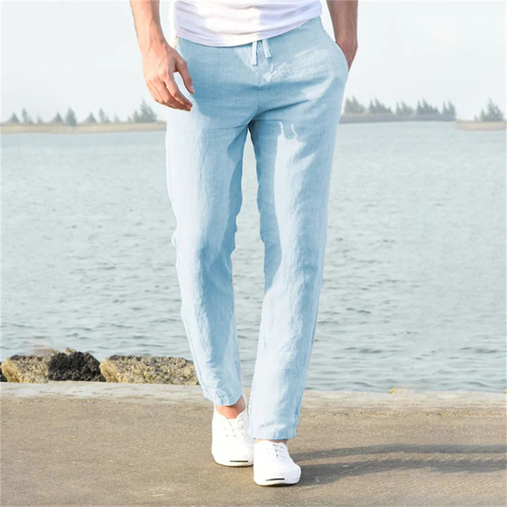 2025 Men Cotton Linen Casual Pants Baggy Streetwear Men Joggers Sports Trousers Solid Color Long Straight Trendy Pants for Men