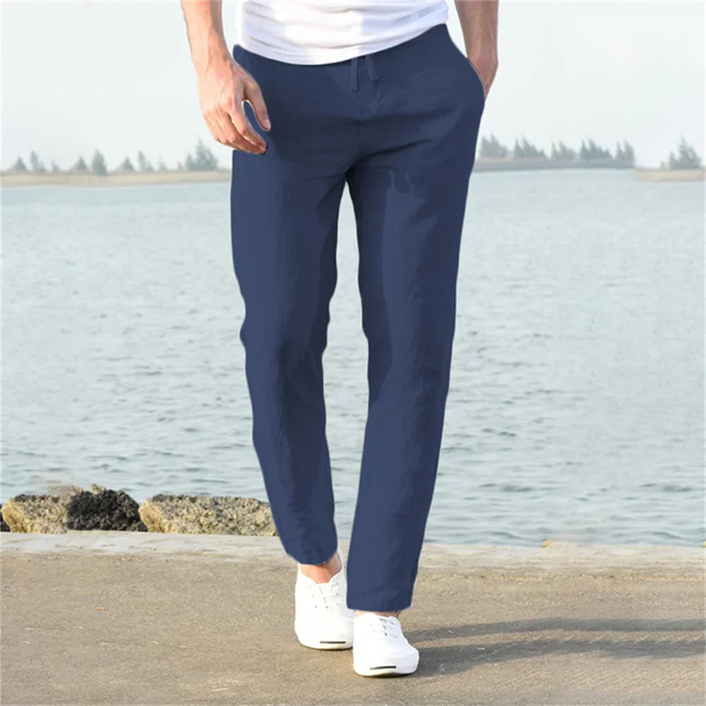 2025 Men Cotton Linen Casual Pants Baggy Streetwear Men Joggers Sports Trousers Solid Color Long Straight Trendy Pants for Men