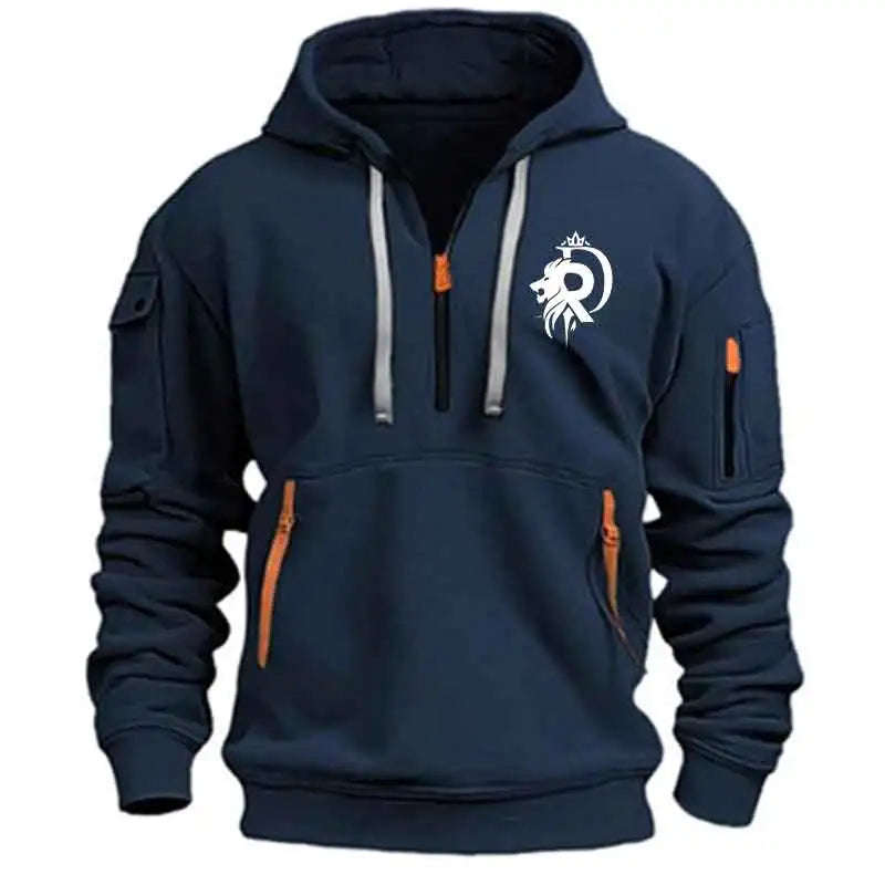 Lion Letter D Print Hoodie Men Multi-pocket Casual Sports Long-sleeve Sweatshirt Half Zip Hooded Daily Fashion Fitness Pullover