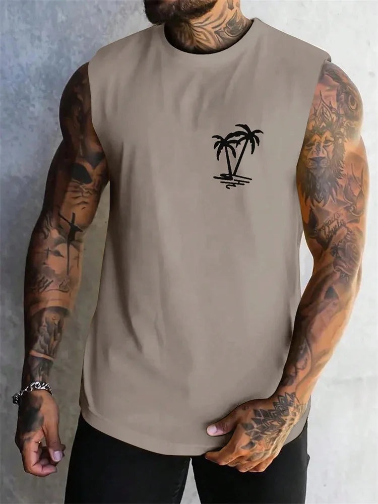 Summer Casual Style Men's Vest Coconut Tree Logo Solid Color Sleeveless Fitness Top Men's Fashion Outdoor Fitness Vest Clothing
