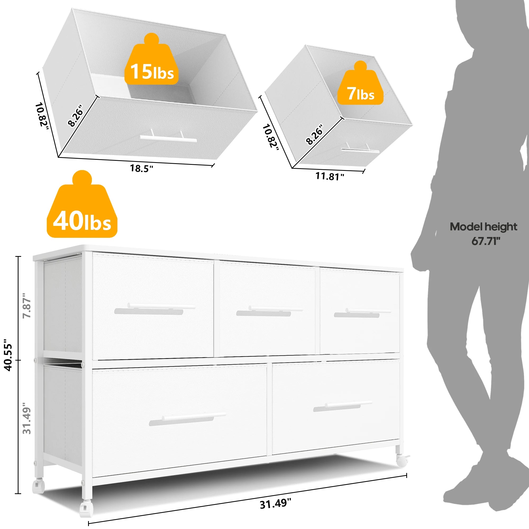 Chest of Drawers for Bedroom Living Room Long TV Stand with Storage Shelf Clothes Storage Unit with 4 Castors Fabric Drawers