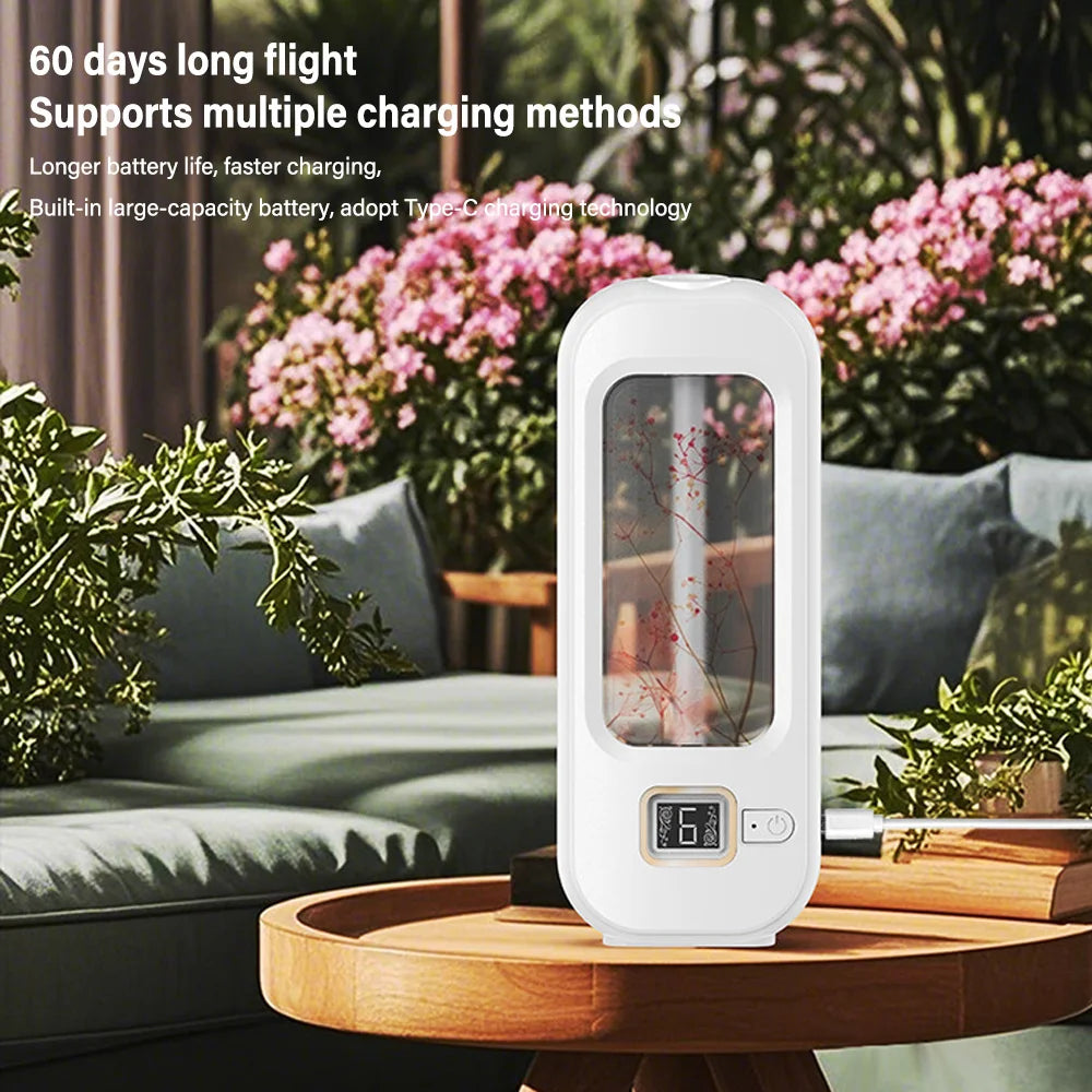 LOY Automatic Home Fragrance Machine for aromatherapy, sleek design with diffuser and control panel in a modern home setting