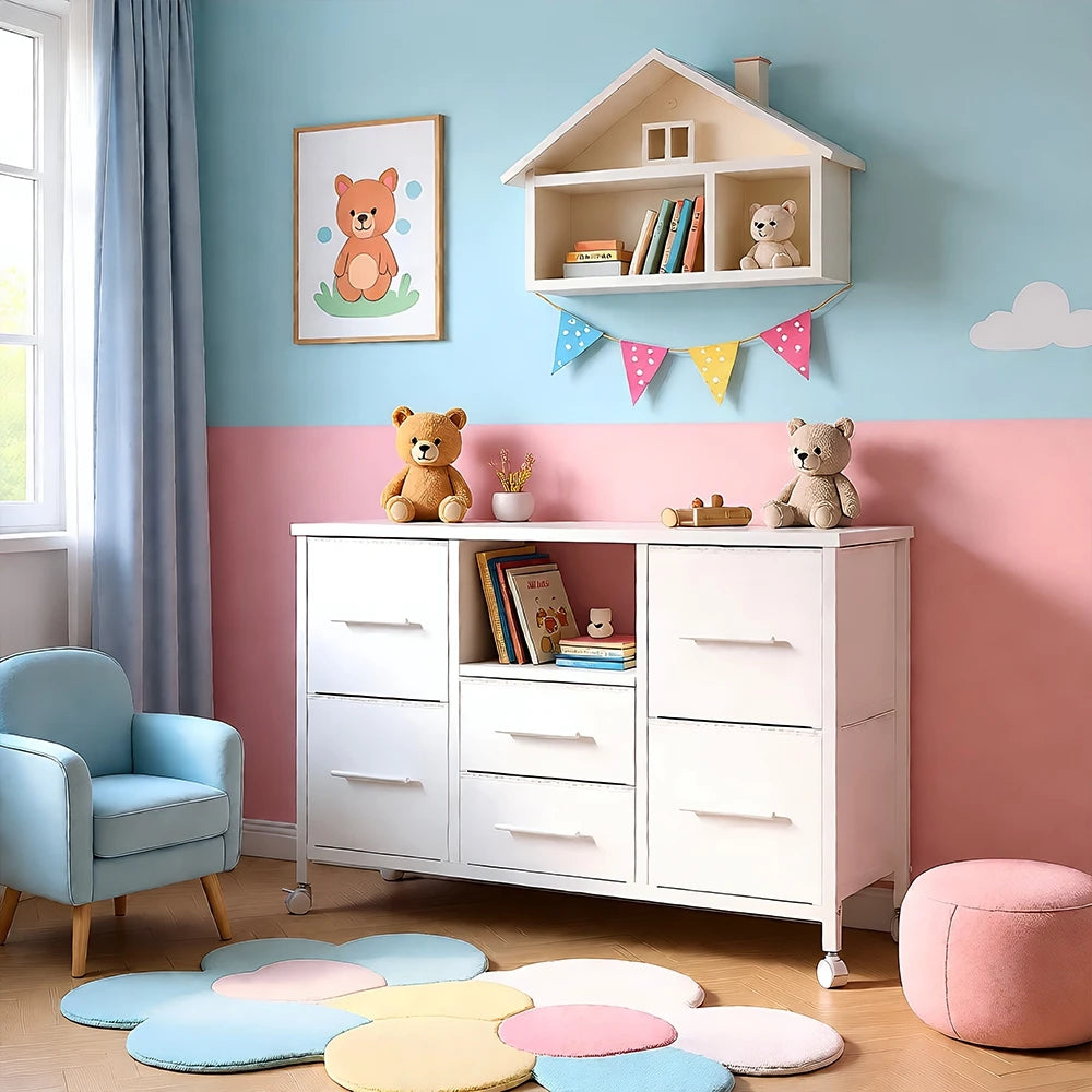 Chest of Drawers for Bedroom Living Room Long TV Stand with Storage Shelf Clothes Storage Unit with 4 Castors Fabric Drawers