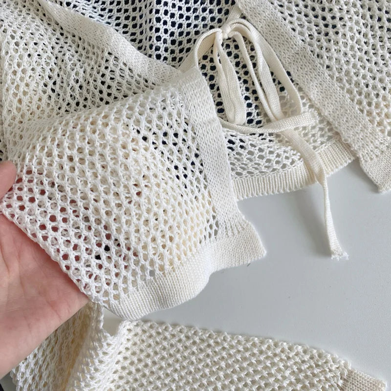 Bow Tie Front Crop Top Long Sleeve Sheer Open Knit Cardigan Blouses Cover Up Summer Spring Women Teen-girl Y2K 90s Outfit