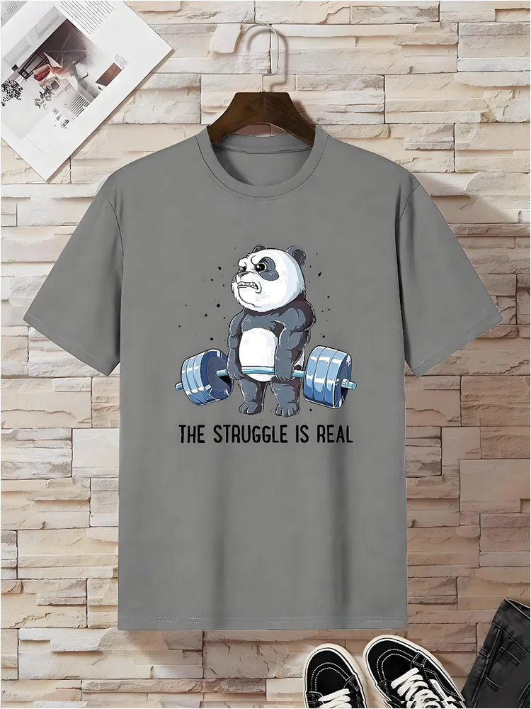 Panda Fitness Printed Men's T-shirt Fitness Sports Men's Short-sleeved Top Daily Running Exercise Men's Crew Neck T-shirt