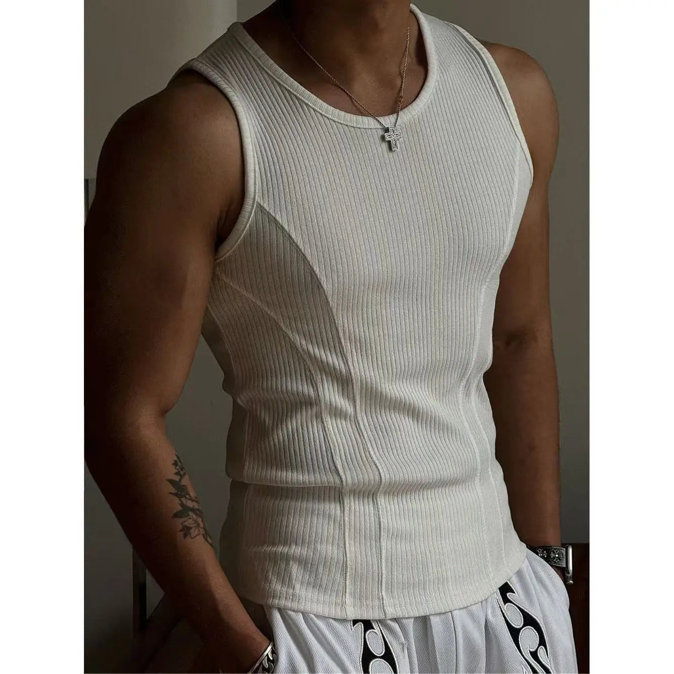 American Gym Men's Vest Thick Thread Slim Tank Top Sports Training Striped Vest Base Sleeveless T-shirt Casual Fitness Wearing