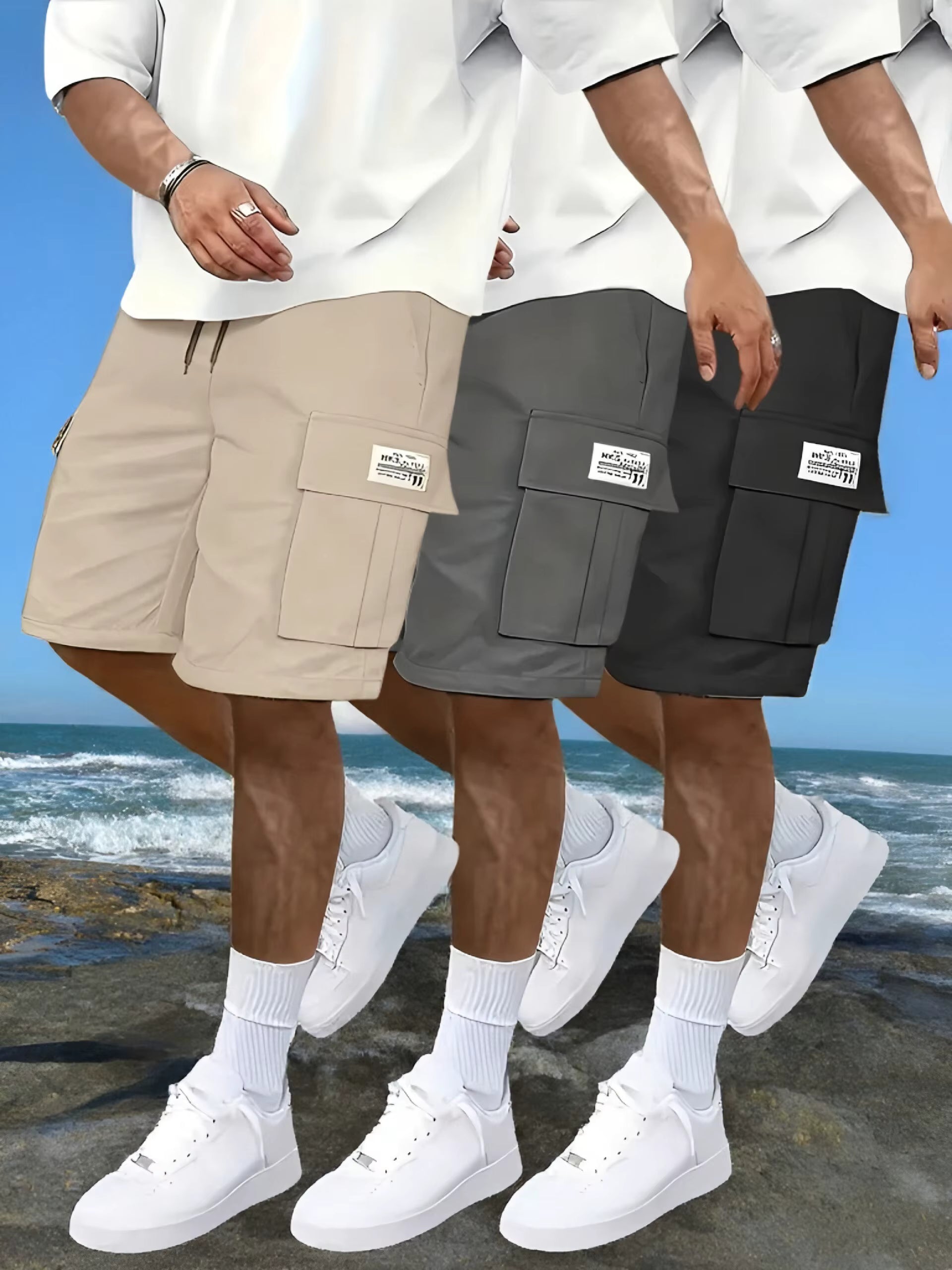 LOY Men's multi-pocket work shorts showing multiple functional pockets, lightweight fabric, and summer casual style.