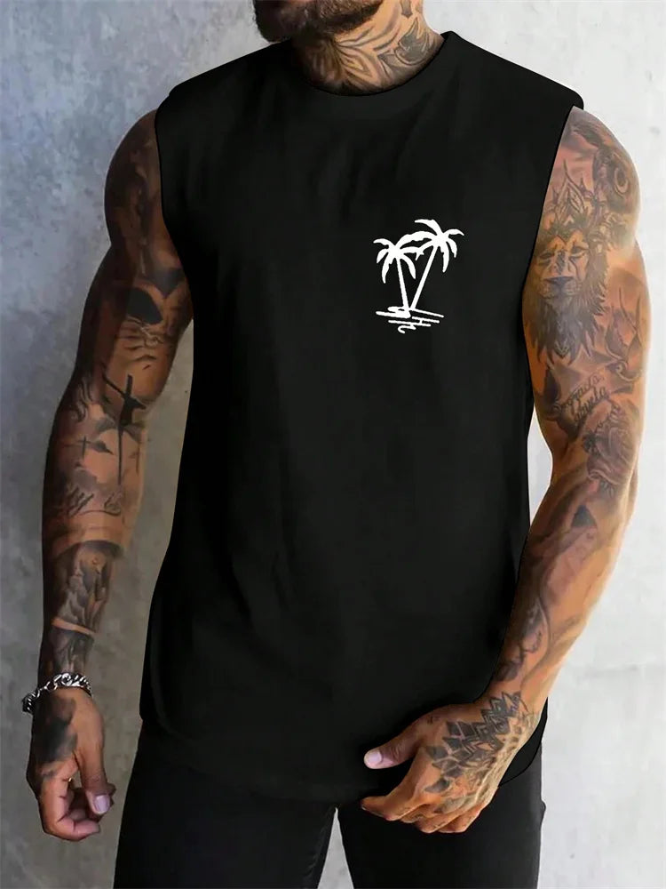 Summer Casual Style Men's Vest Coconut Tree Logo Solid Color Sleeveless Fitness Top Men's Fashion Outdoor Fitness Vest Clothing