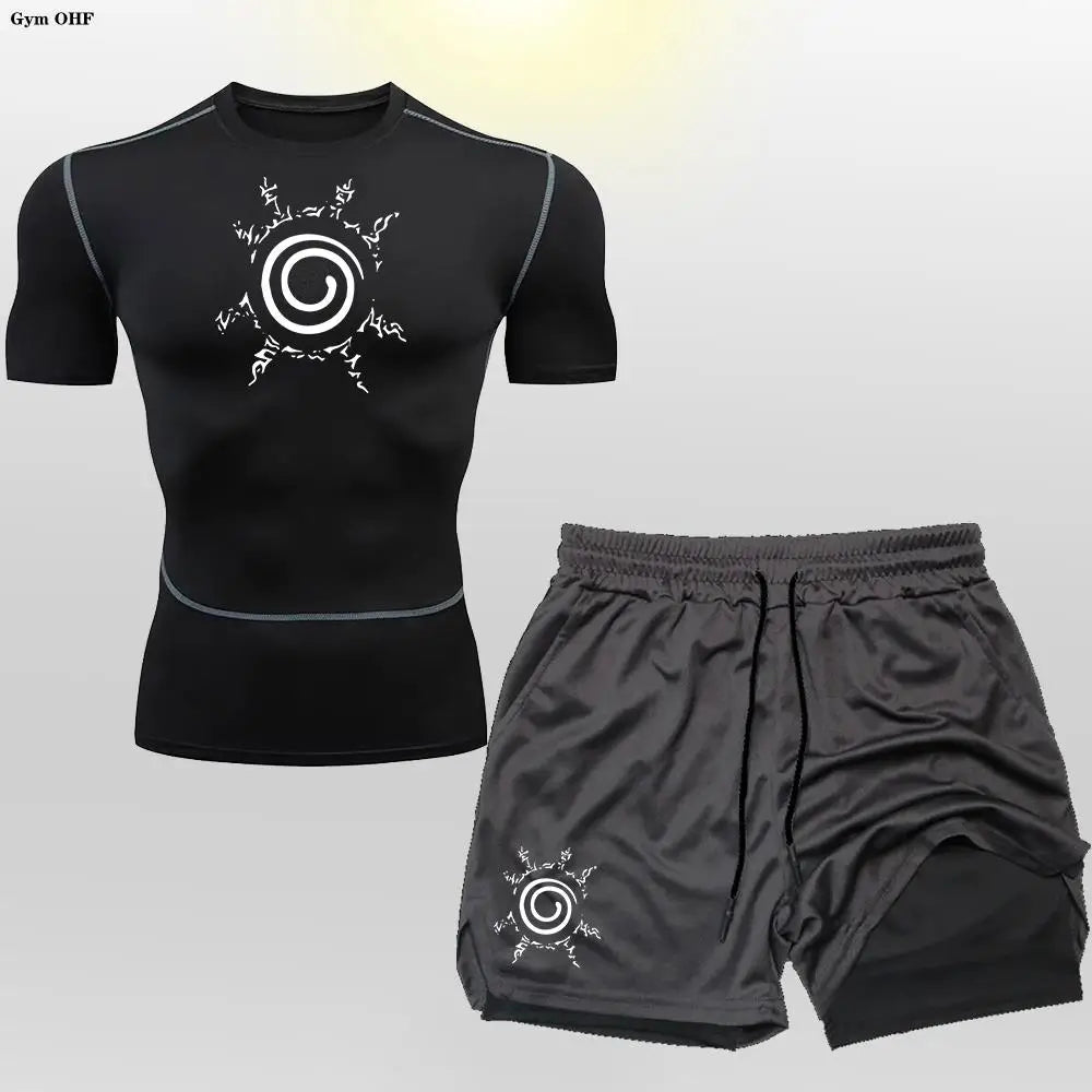 Anime Compression Shirt Men 2 in 1 Shorts Fitness Gym Workout MMA Rashguard Jiu Jitsu Running Joggers Training Clothes Sets