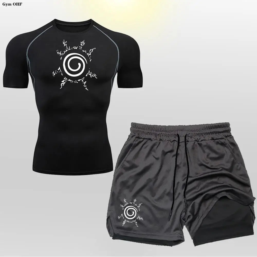 Anime Compression Shirt Men 2 in 1 Shorts Fitness Gym Workout MMA Rashguard Jiu Jitsu Running Joggers Training Clothes Sets