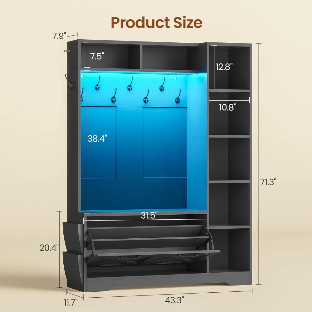 Hall Tree with Bench and Shoe Storage, Farmhouse Entryway Bench with Coat Rack, Shoe Cabinet with Flip Drawers, Customized