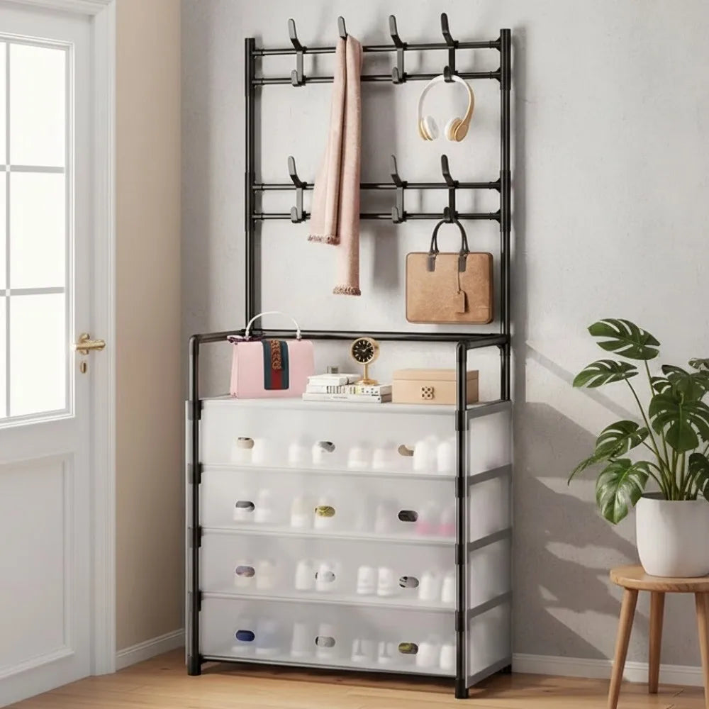 Clothes Hanger 5 Layer Shoe Rack DIY Hat and Shoe Rack Simple Floor Clothes Shelves Living Room Coat Storage Rack with 8 Hooks