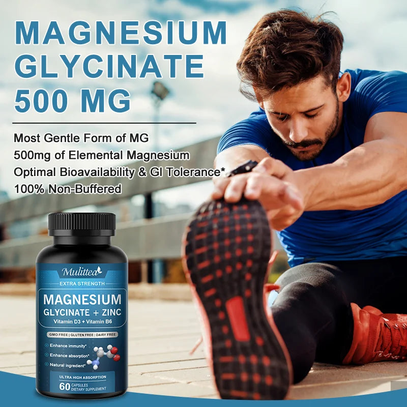 Mulittea 500mg Magnesium Glycinate Vegan Capsules with Zinc Vitamin D3 & B6 for Promotes Nerve Bowel Relaxation Function 60pill