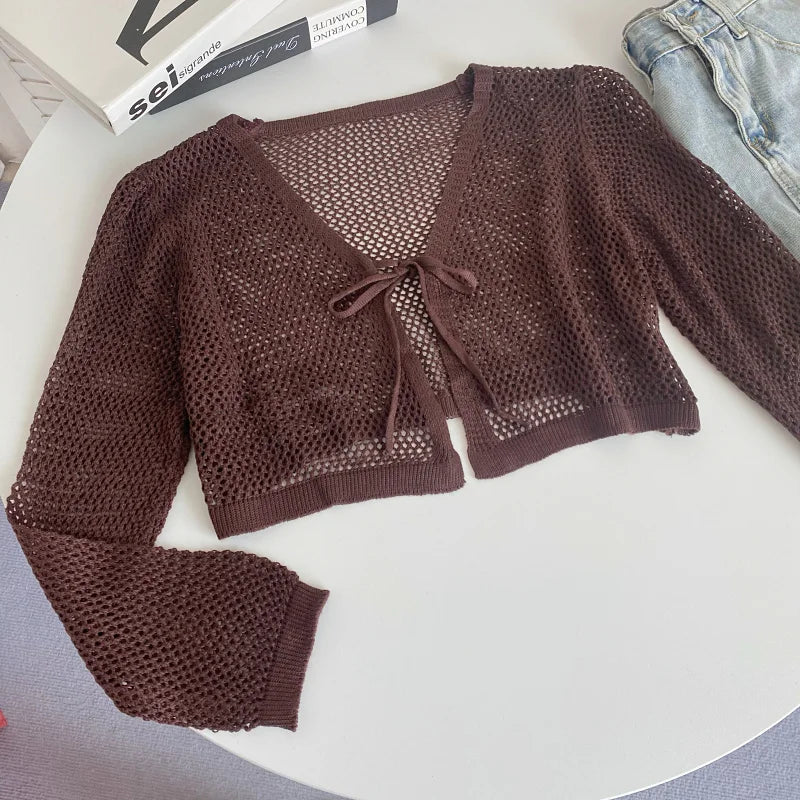Bow Tie Front Crop Top Long Sleeve Sheer Open Knit Cardigan Blouses Cover Up Summer Spring Women Teen-girl Y2K 90s Outfit