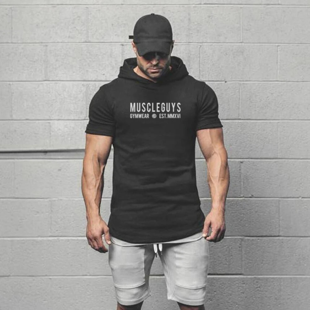 Mens Fitness Muscle Clothing Short Sleeve Sport T-shirts Summer Breathable Cotton Hoodie Gym Bodybuilding Slim Fit Hooded Shirts