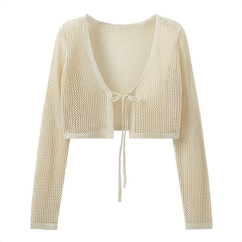 Bow Tie Front Crop Top Long Sleeve Sheer Open Knit Cardigan Blouses Cover Up Summer Spring Women Teen-girl Y2K 90s Outfit
