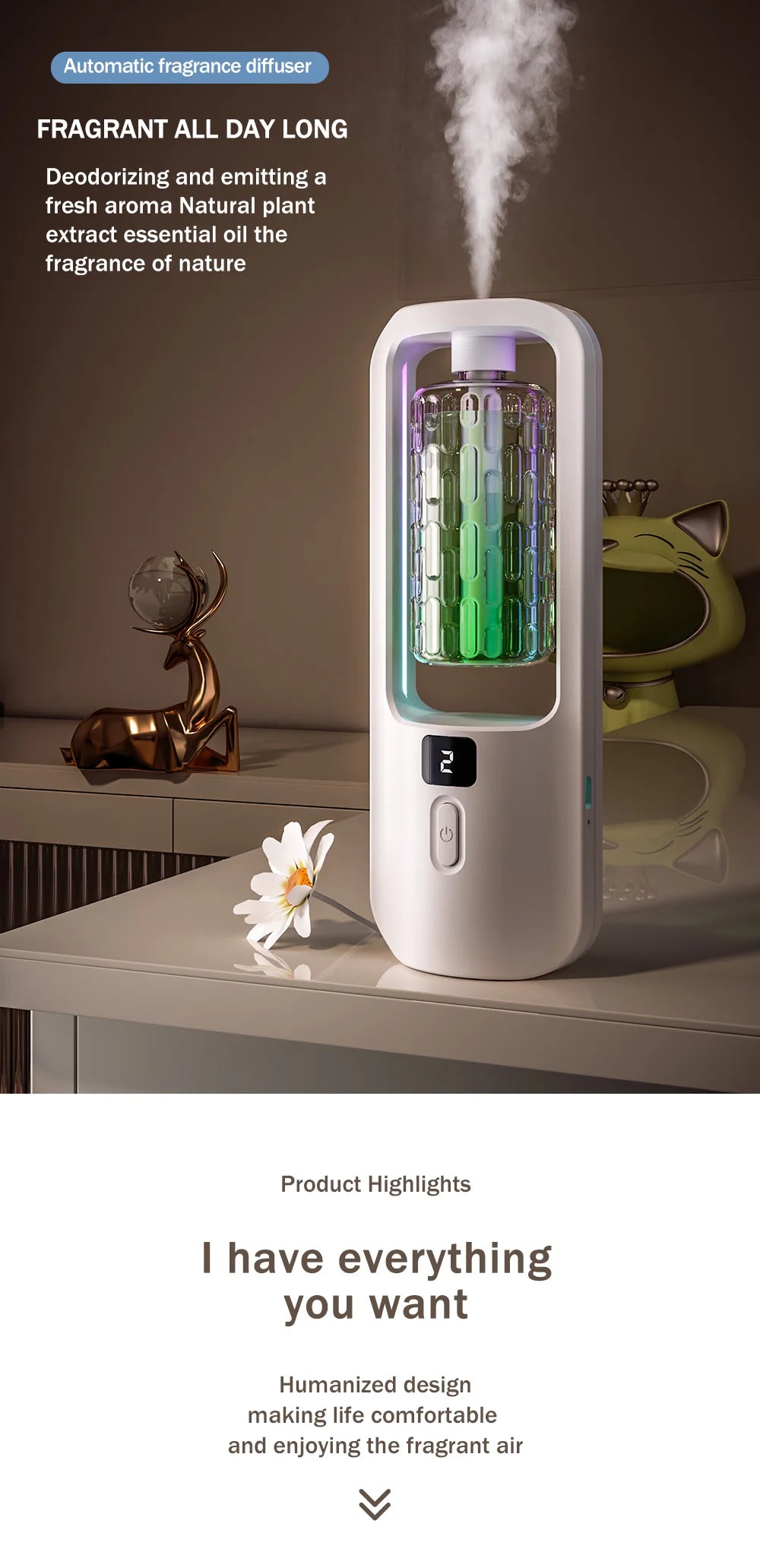 LOY Automatic Aromatherapy Diffuser for home fragrance, featuring sleek design and misting function for consistent scent distribution