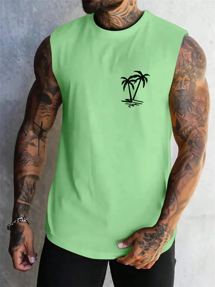 Summer Casual Style Men's Vest Coconut Tree Logo Solid Color Sleeveless Fitness Top Men's Fashion Outdoor Fitness Vest Clothing