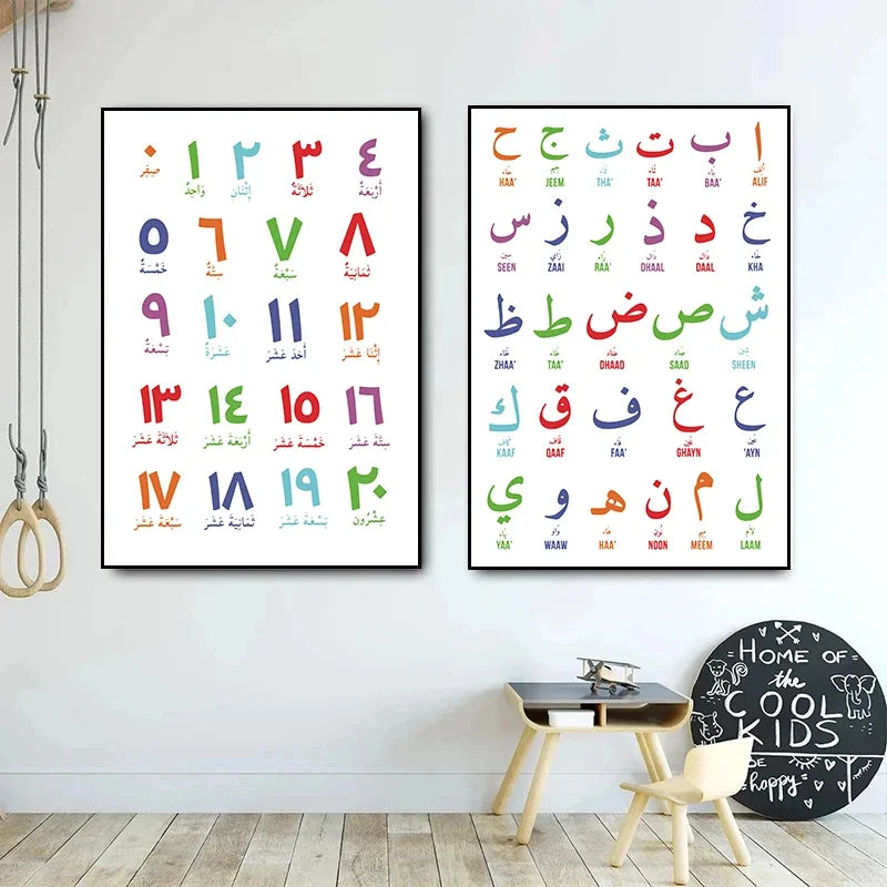 Arabic Islamic Wall Art Canvas Painting  Arabic Letters Alphabets Numerals Poster Prints Nursery Kids Room Wall Art Home Deco