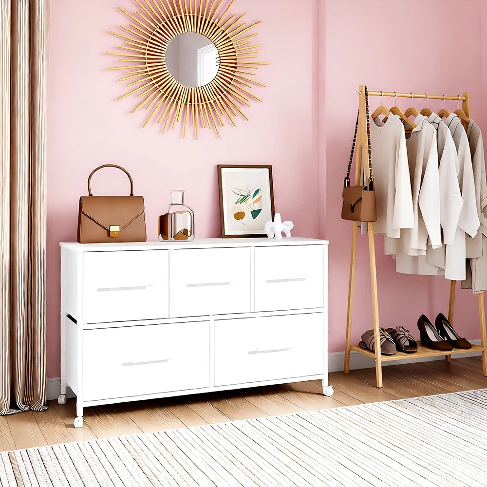 Chest of Drawers for Bedroom Living Room Long TV Stand with Storage Shelf Clothes Storage Unit with 4 Castors Fabric Drawers