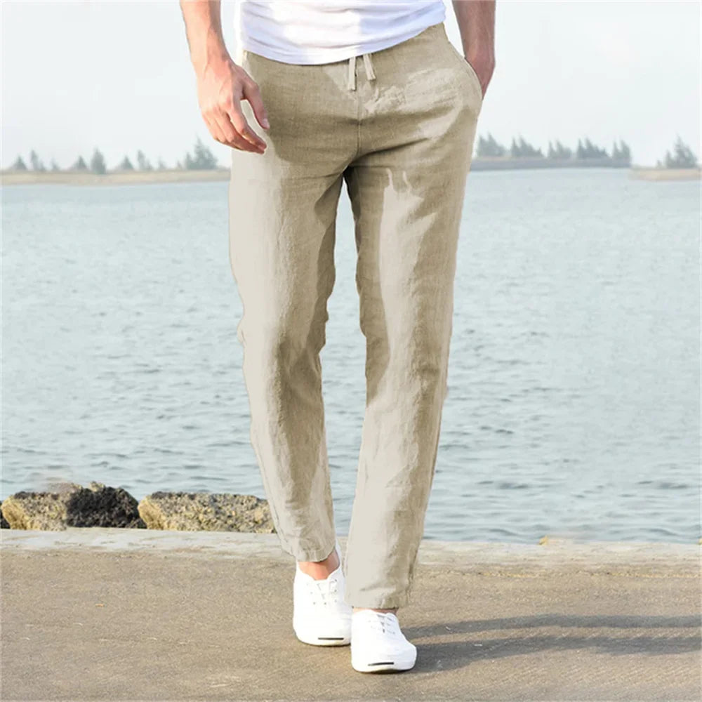2025 Men Cotton Linen Casual Pants Baggy Streetwear Men Joggers Sports Trousers Solid Color Long Straight Trendy Pants for Men