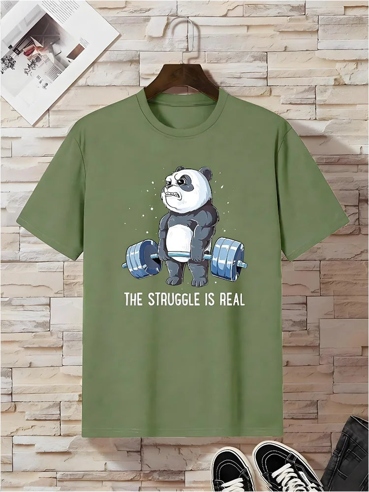 Panda Fitness Printed Men's T-shirt Fitness Sports Men's Short-sleeved Top Daily Running Exercise Men's Crew Neck T-shirt