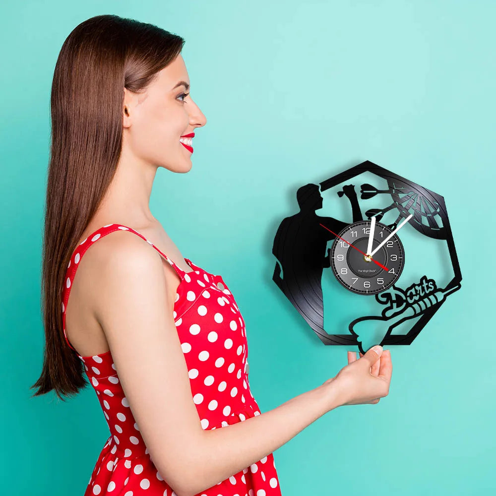 Darts Wall Art Man Cave Game Room Decoration Modern Wall Clock Dart Board Pub Bar Darts Game Night Club Vinyl Record Wall Clock