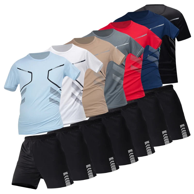 2/4/6 Pcs Plus Size Men's Quick-drying Short-sleeved Shorts Suit Men's Leisure Sports Running Fitness T-shirt Joker Shorts Teen