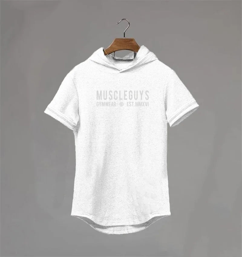 Mens Fitness Muscle Clothing Short Sleeve Sport T-shirts Summer Breathable Cotton Hoodie Gym Bodybuilding Slim Fit Hooded Shirts