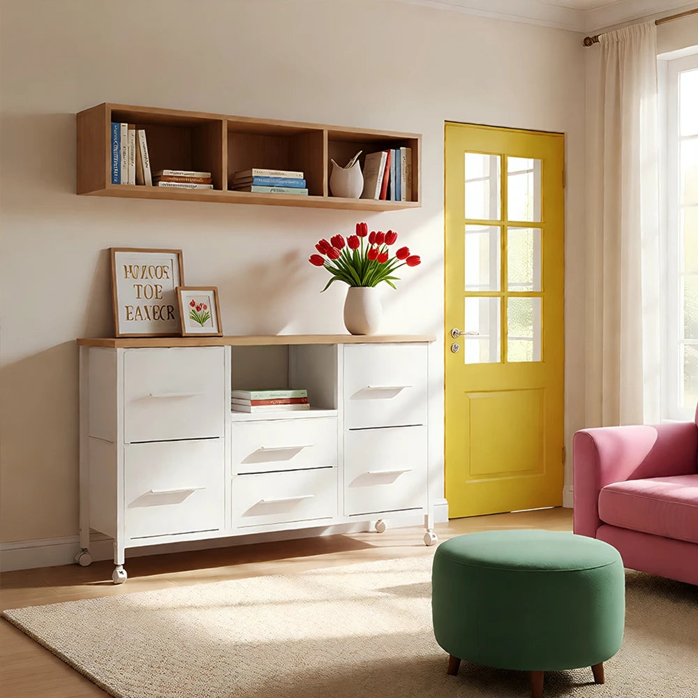 Chest of Drawers for Bedroom Living Room Long TV Stand with Storage Shelf Clothes Storage Unit with 4 Castors Fabric Drawers