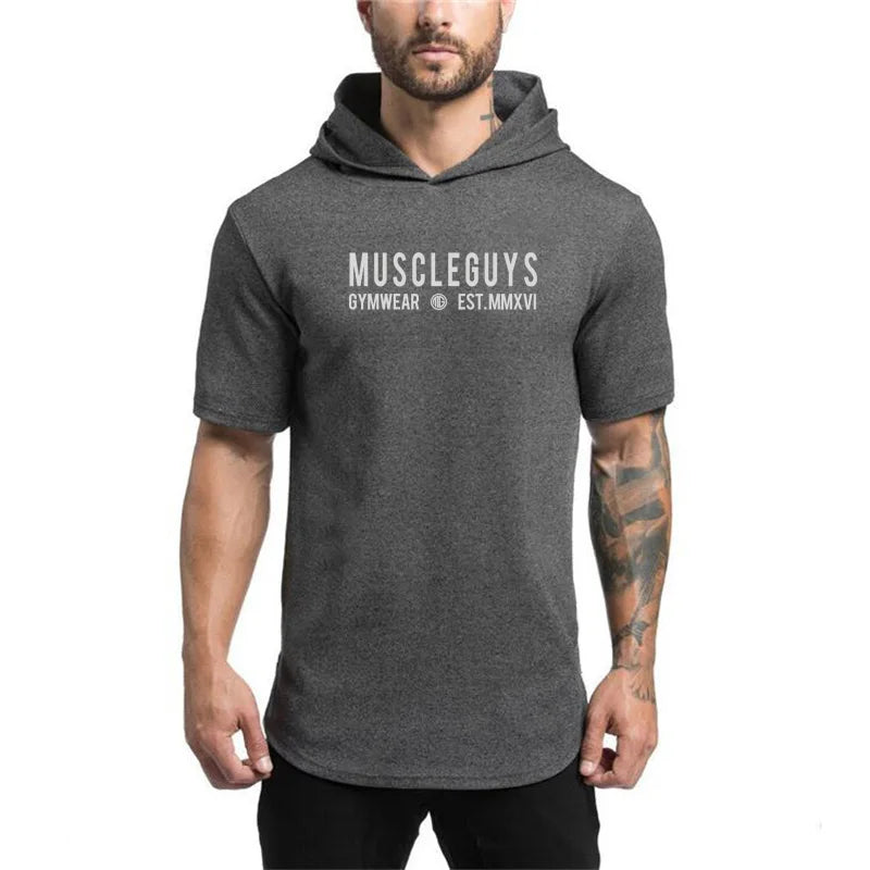 Mens Fitness Muscle Clothing Short Sleeve Sport T-shirts Summer Breathable Cotton Hoodie Gym Bodybuilding Slim Fit Hooded Shirts