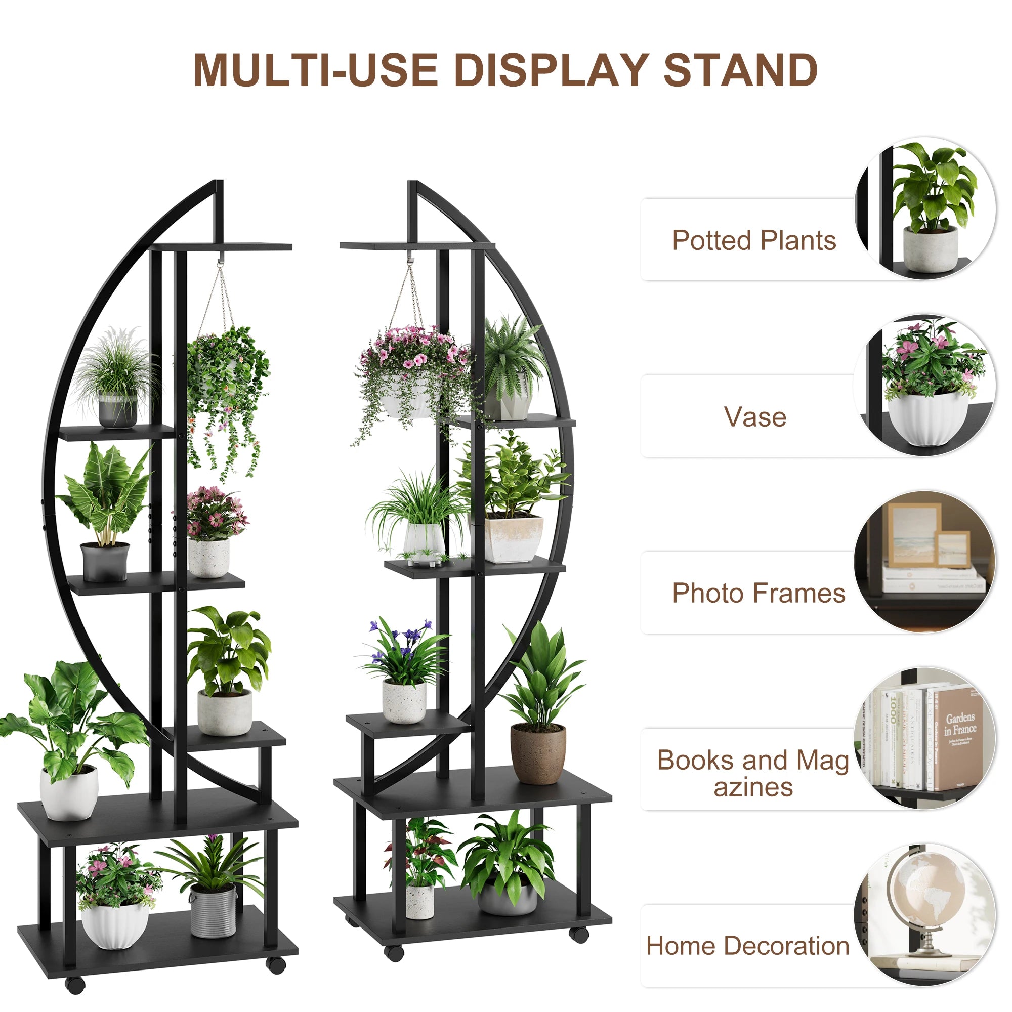 176cm,6-Tier Half Moon Plant Stand 176cm– Metal Plant Stand Indoor with Lockable Wheels–For Balcony,Living Room&Patio