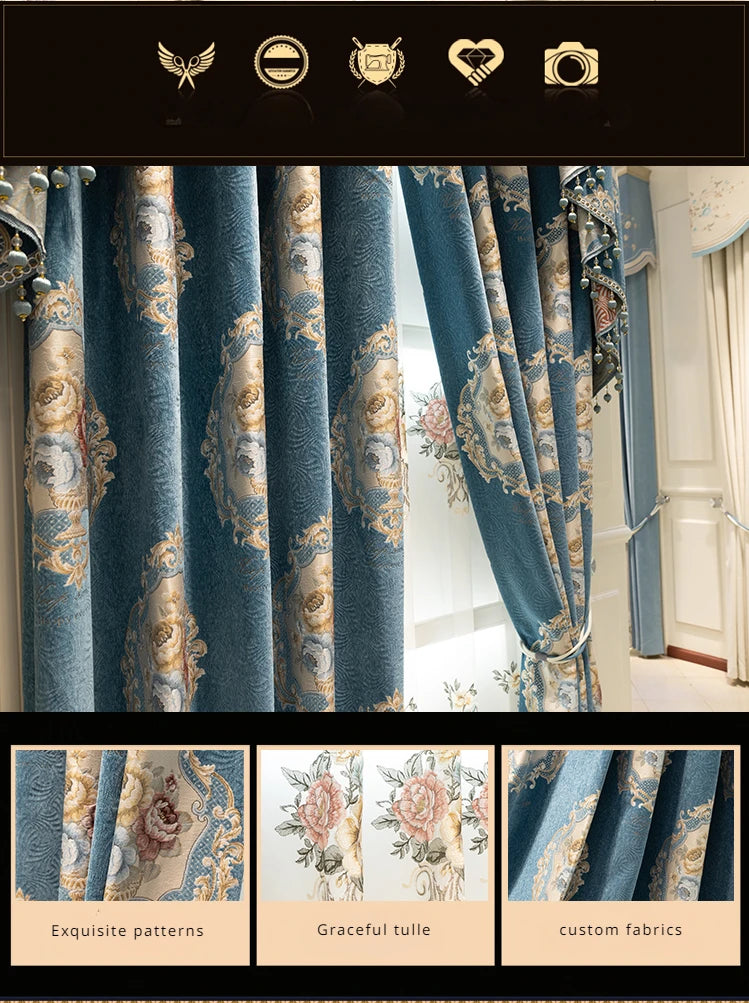 Luxury European Curtains for Living Room Bedroom Thicken Chenille High-end Villa Elegant Jacquard Decor Custom Valance Tulle